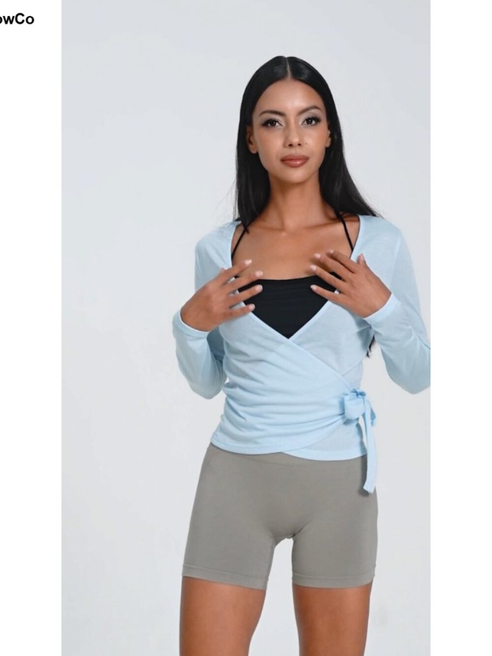 Women Long Sleeve Wrap Tie Top Slim Fit Ballet Yoga Workout Shirt - Picture 3 of 4